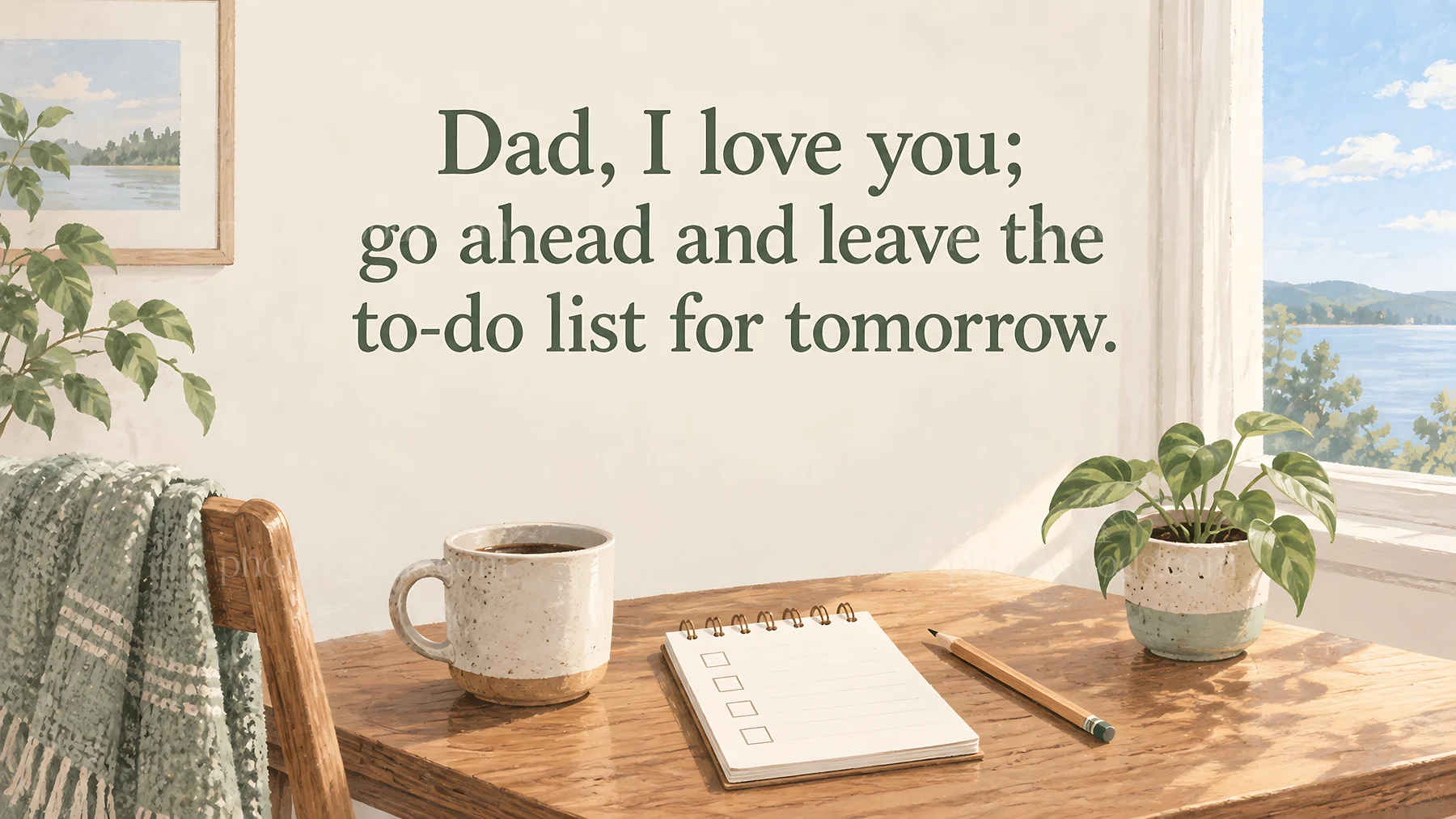 Love You Dad Greeting in a Sunlit Home Office - AI-generated stock image