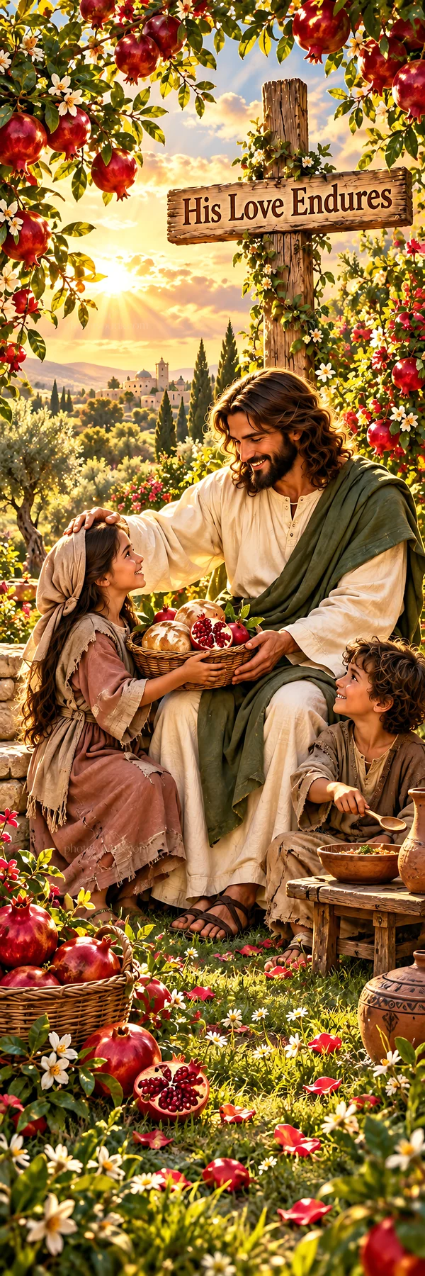 Jesus Christ sharing pomegranates with children in a garden - AI-generated stock image