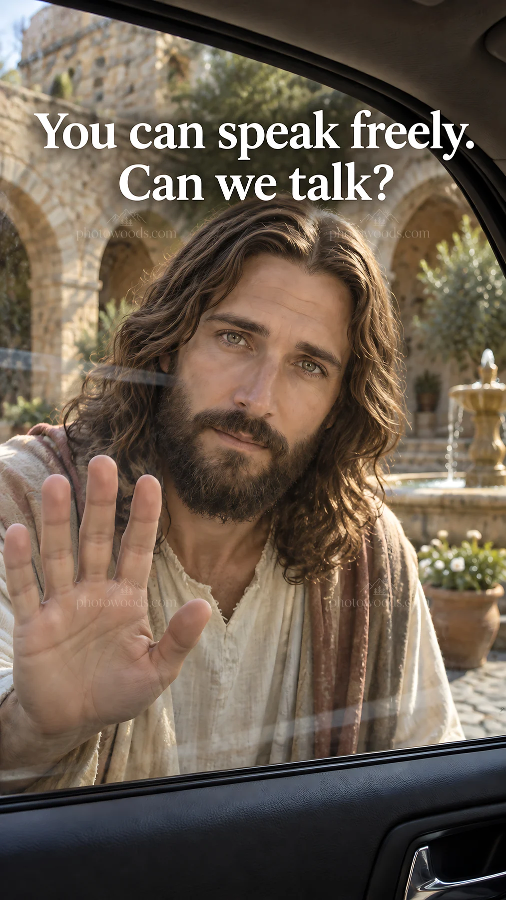 Jesus Christ reaching out, inviting conversation - AI-generated stock image
