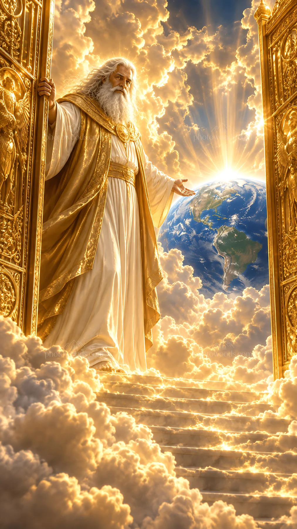 Jesus Christ welcomes with open arms in a heavenly setting - AI-generated stock image