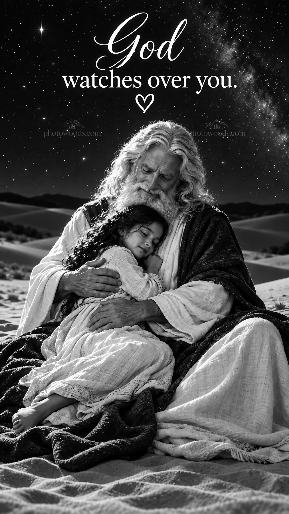 Jesus Christ comforting a child in a quiet desert landscape - AI-generated stock image