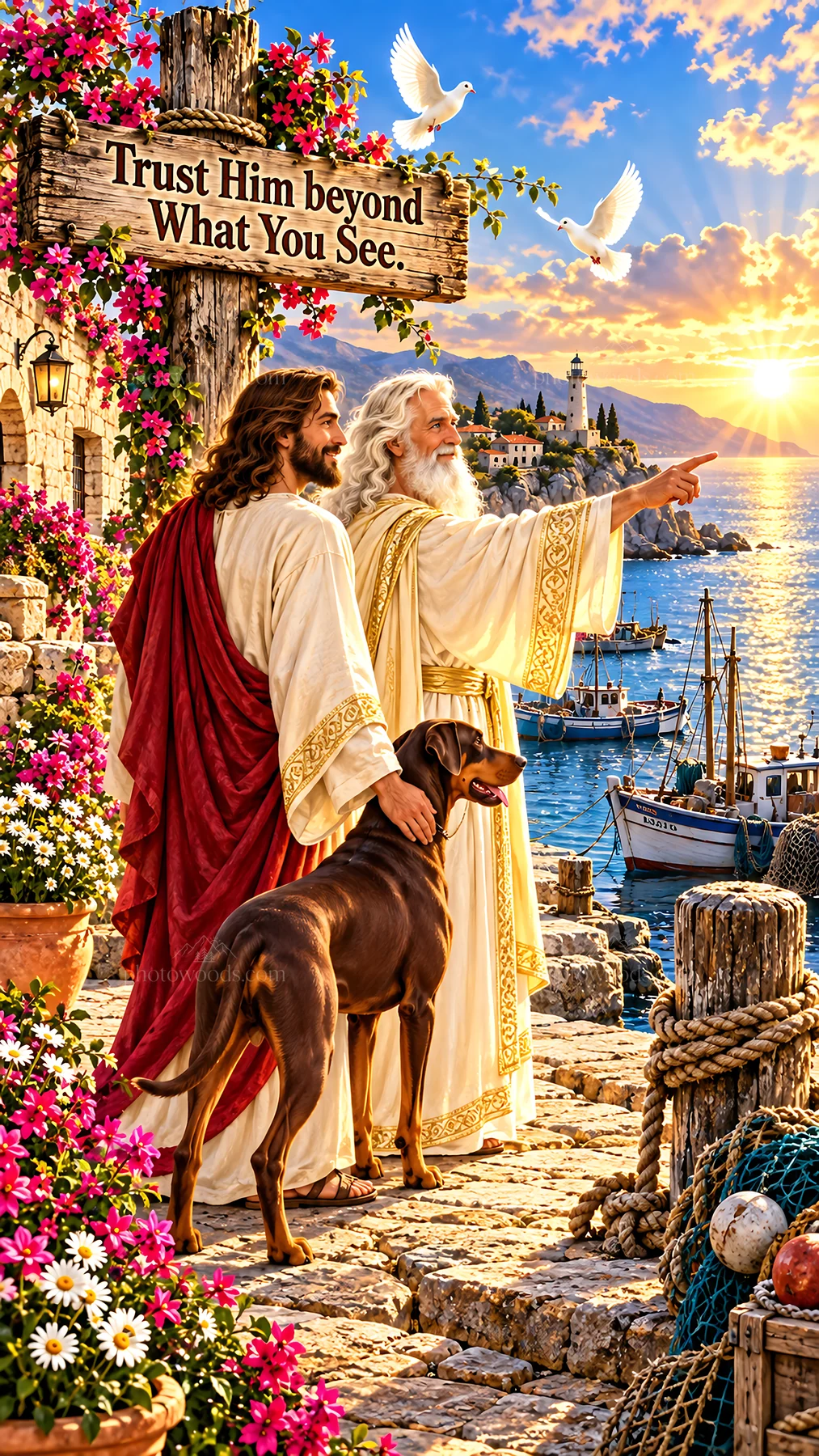 Jesus Christ pointing towards the sunset with God in a coastal scene - AI-generated stock image