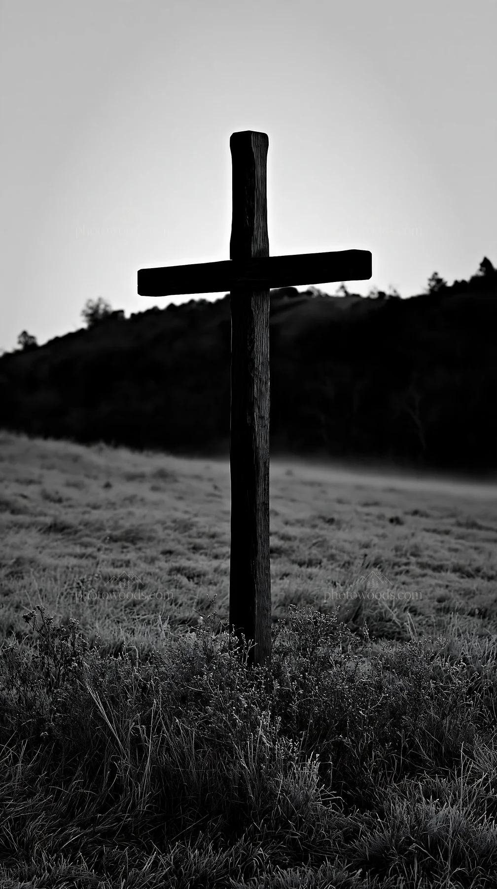 Carved oak cross in frosted meadow at dawn - AI-generated stock image