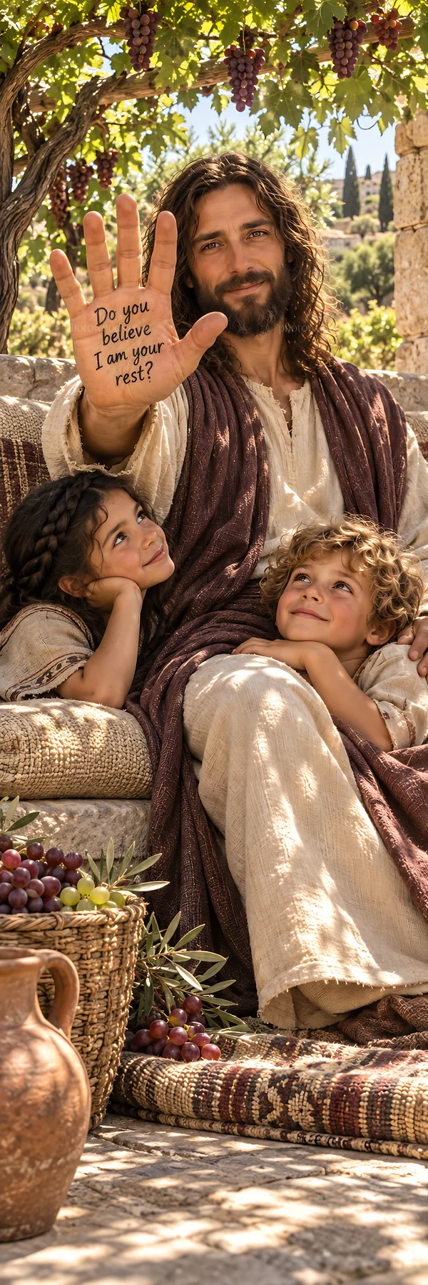 Jesus Christ comforting children with a message of rest - AI-generated stock image