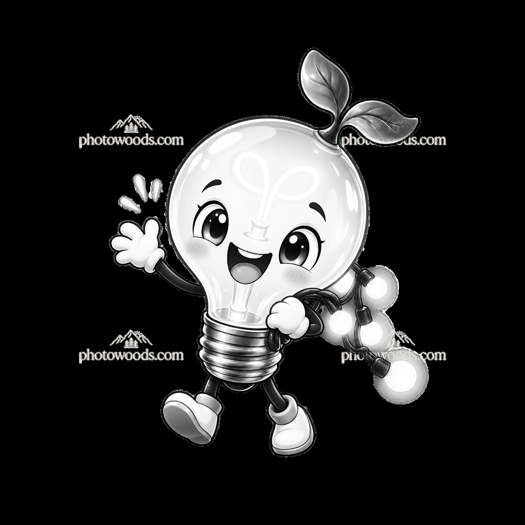 Light bulb character with string lights waving happily - AI-generated stock image