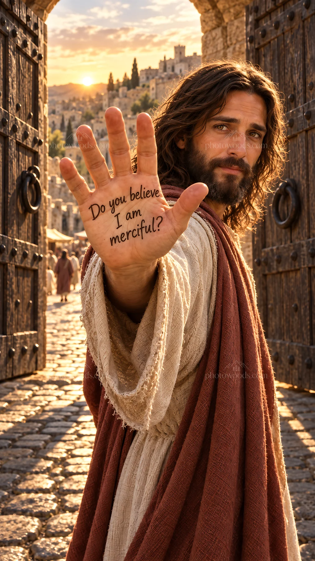 Jesus Christ welcomes with a message of mercy - AI-generated stock image