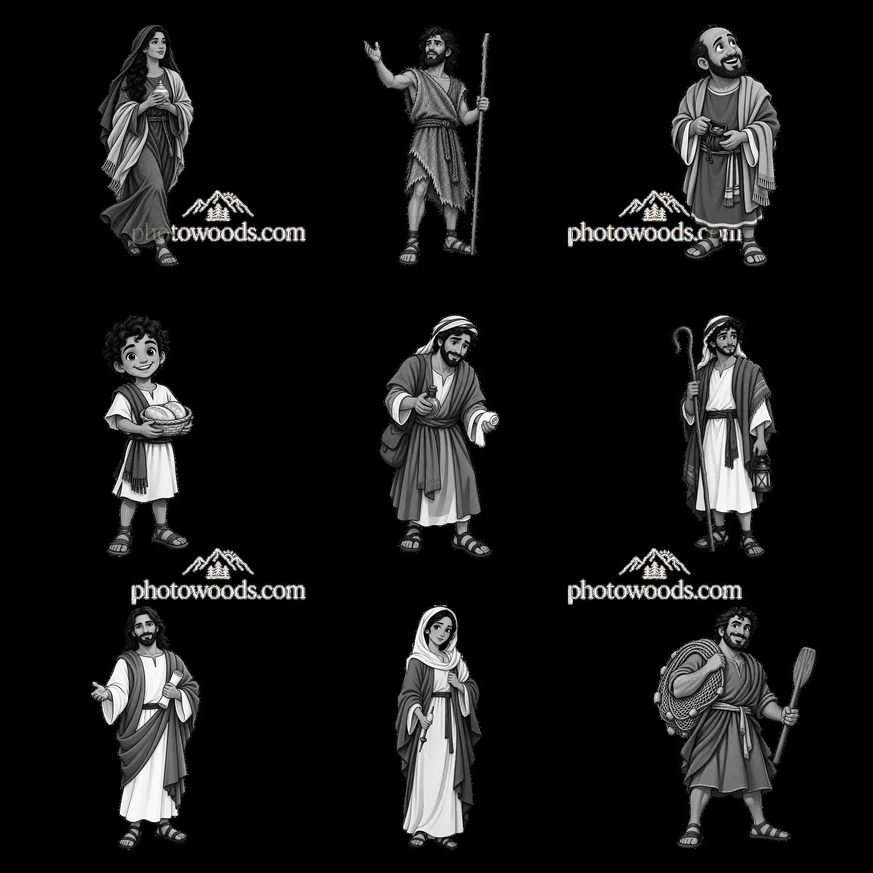 Characters from biblical stories in black-and-white cartoon style - AI-generated stock image