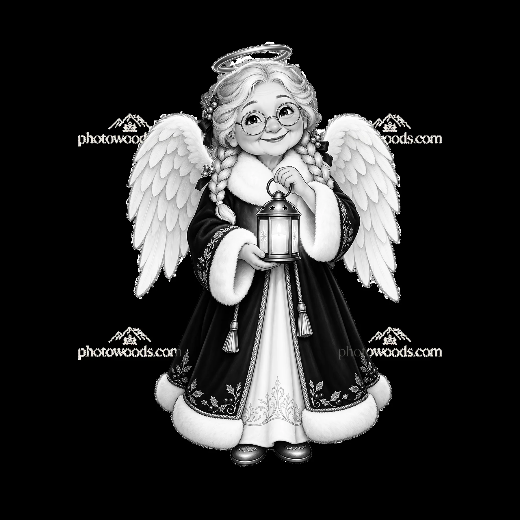 Christmas angel holding a lantern with wings and glasses - AI-generated stock image