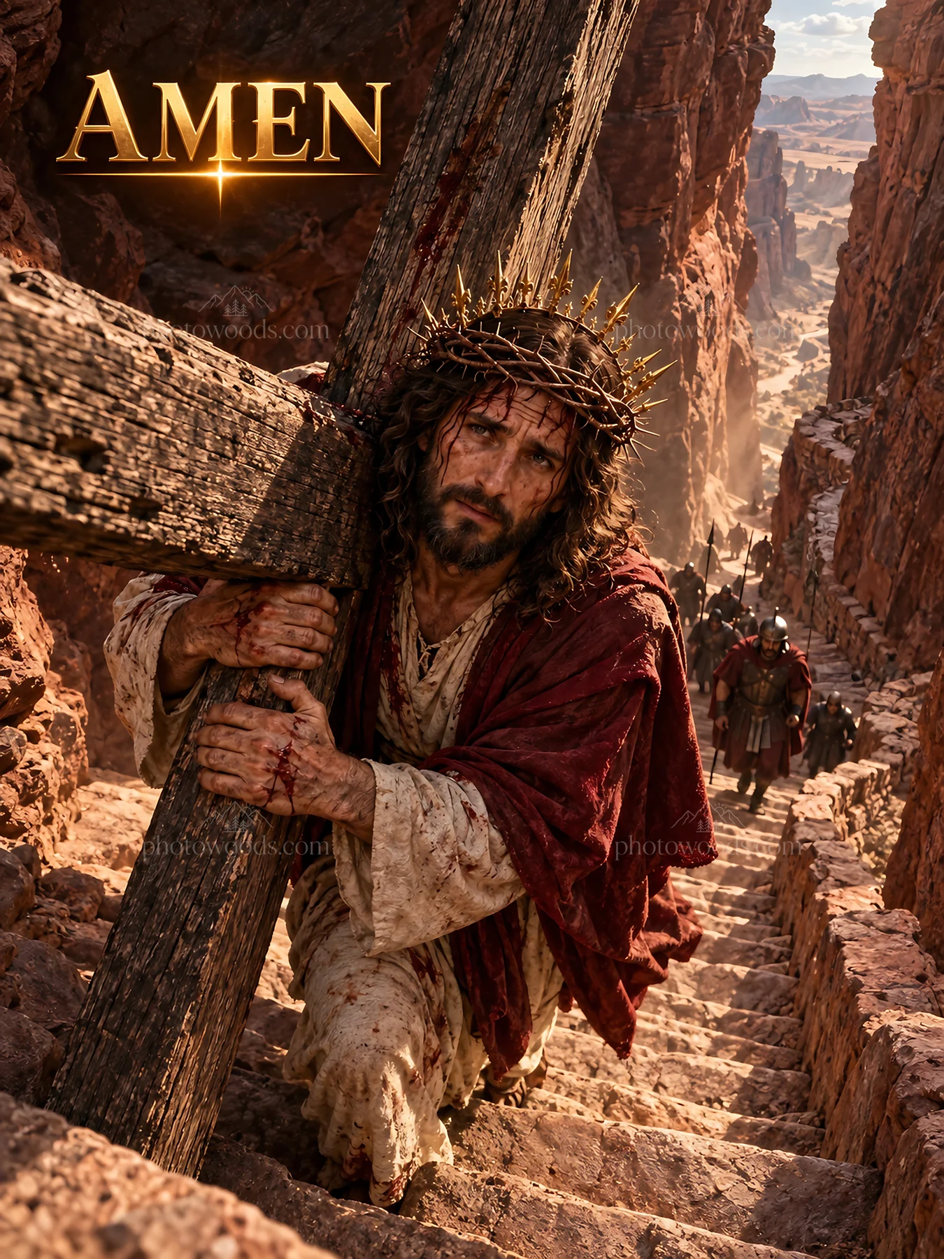 Jesus Christ carrying the cross on a rocky path - AI-generated stock image