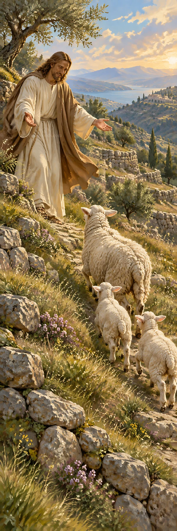 Jesus Christ guiding sheep along a path in the countryside - AI-generated stock image