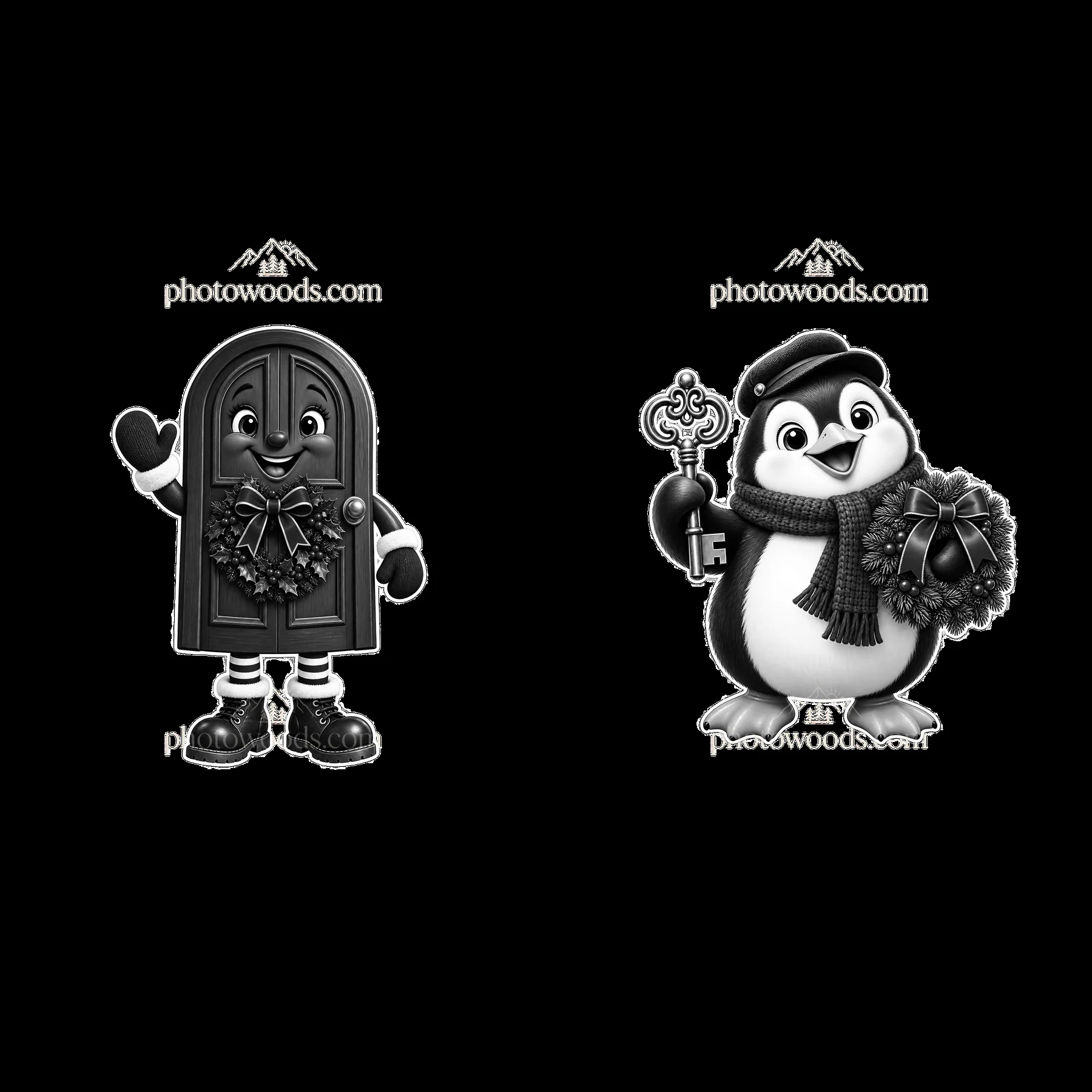 Christmas door character with penguin figure holding key - AI-generated stock image