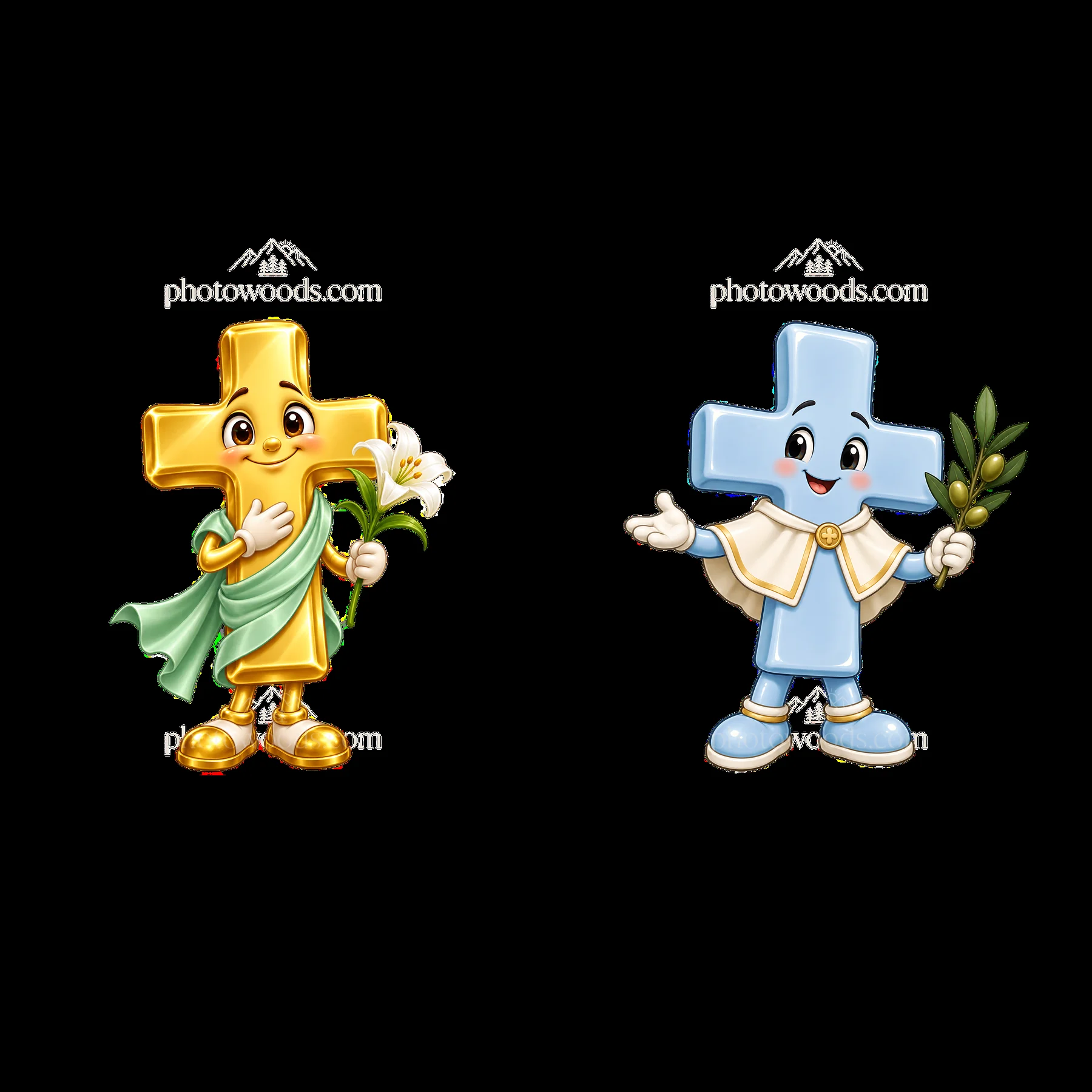 Easter cross characters holding flowers in celebration - AI-generated stock image