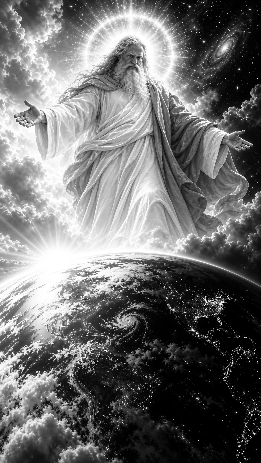 Jesus Christ welcoming the viewer from above the earth - AI-generated stock image