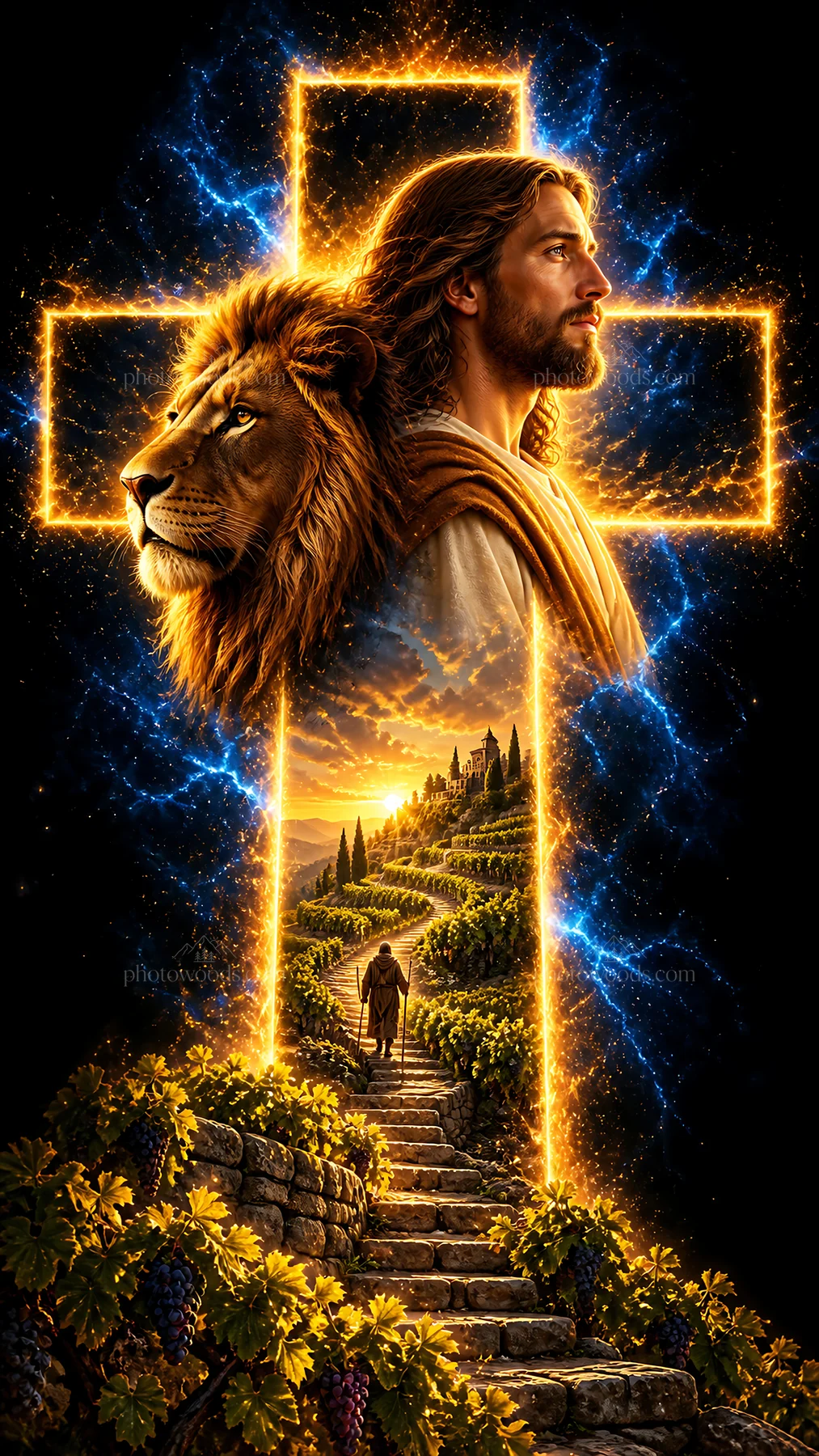 Jesus Christ in a cross with a lion and a path through nature - AI-generated stock image
