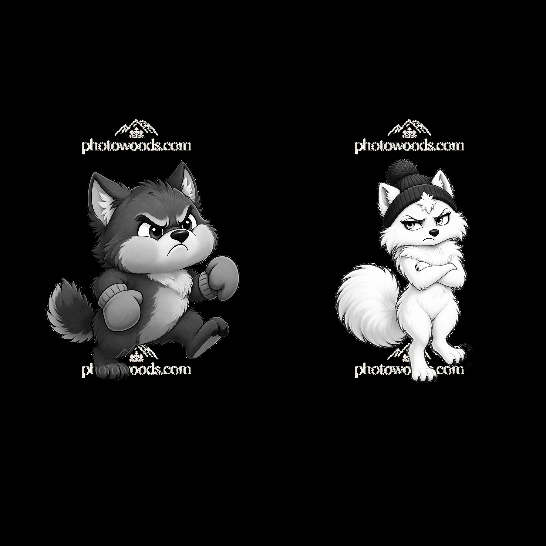 Grumpy wolf characters in a playful fight scene - AI-generated stock image