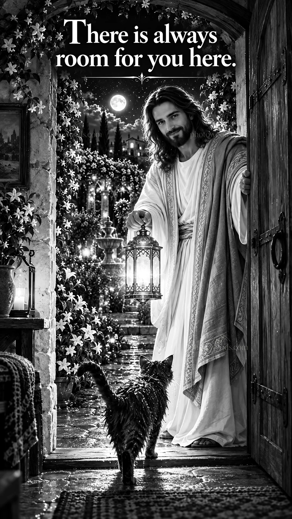 Jesus Christ welcoming with a lantern in open doorway - AI-generated stock image