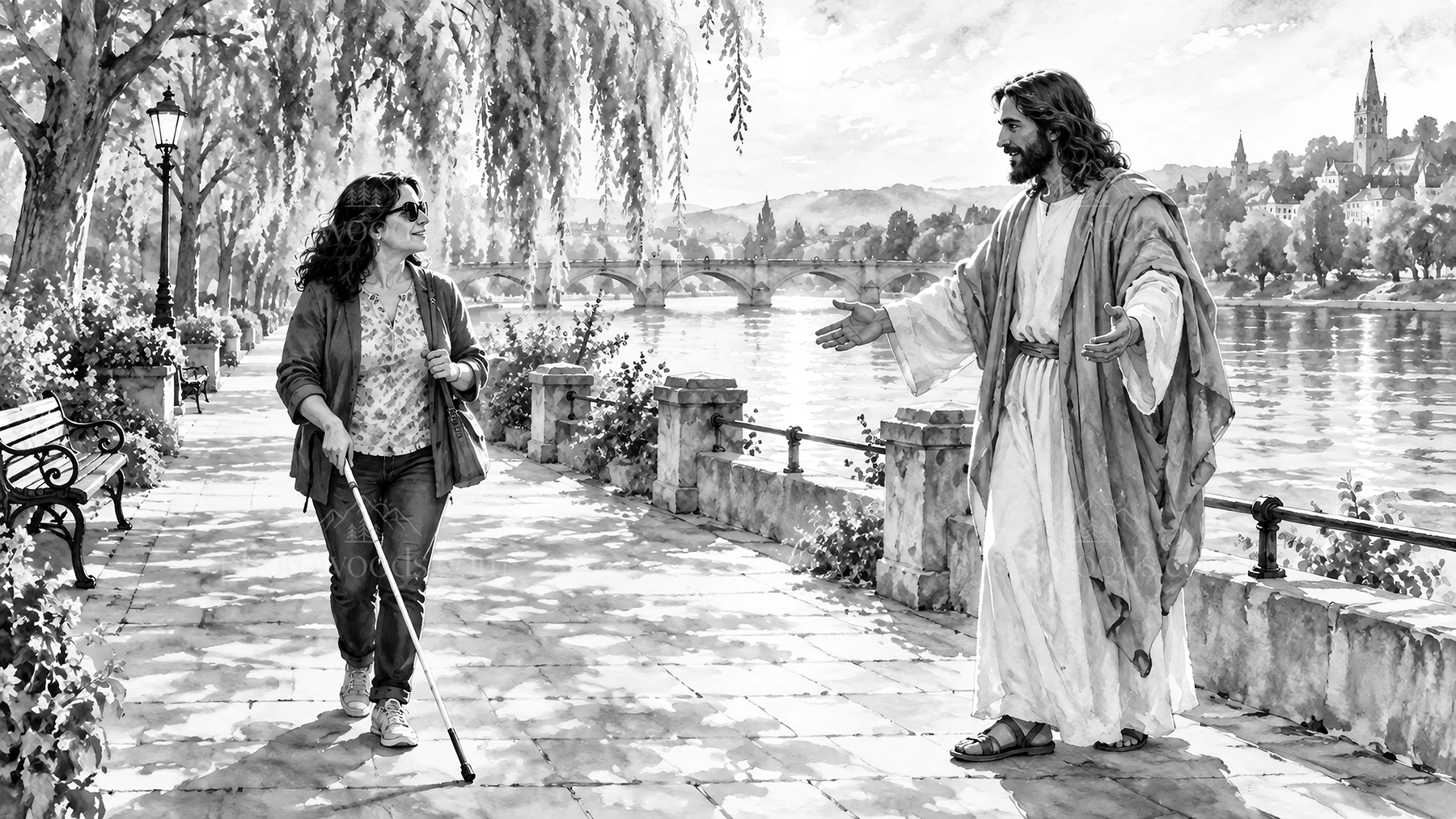 Jesus Christ welcoming a person on a riverside path - AI-generated stock image