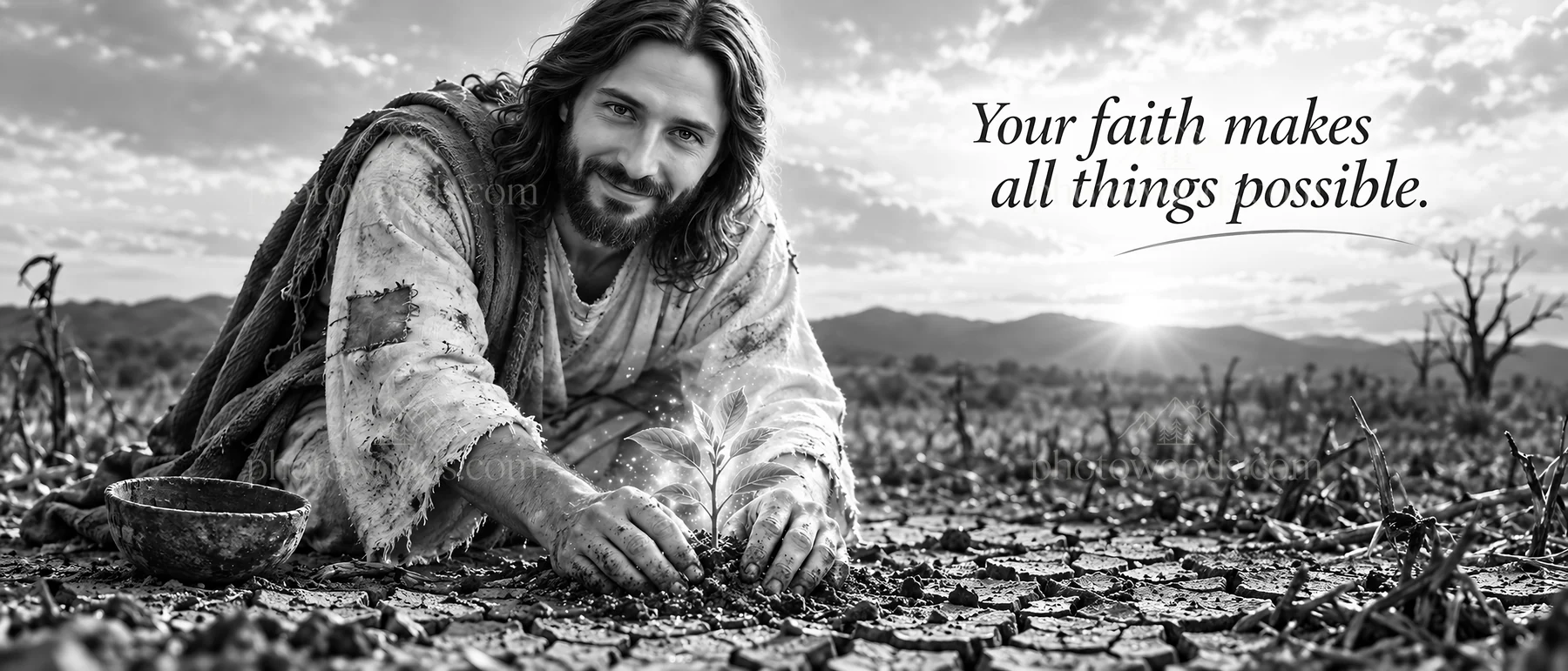 Jesus Christ nurturing a seedling in dry soil - AI-generated stock image