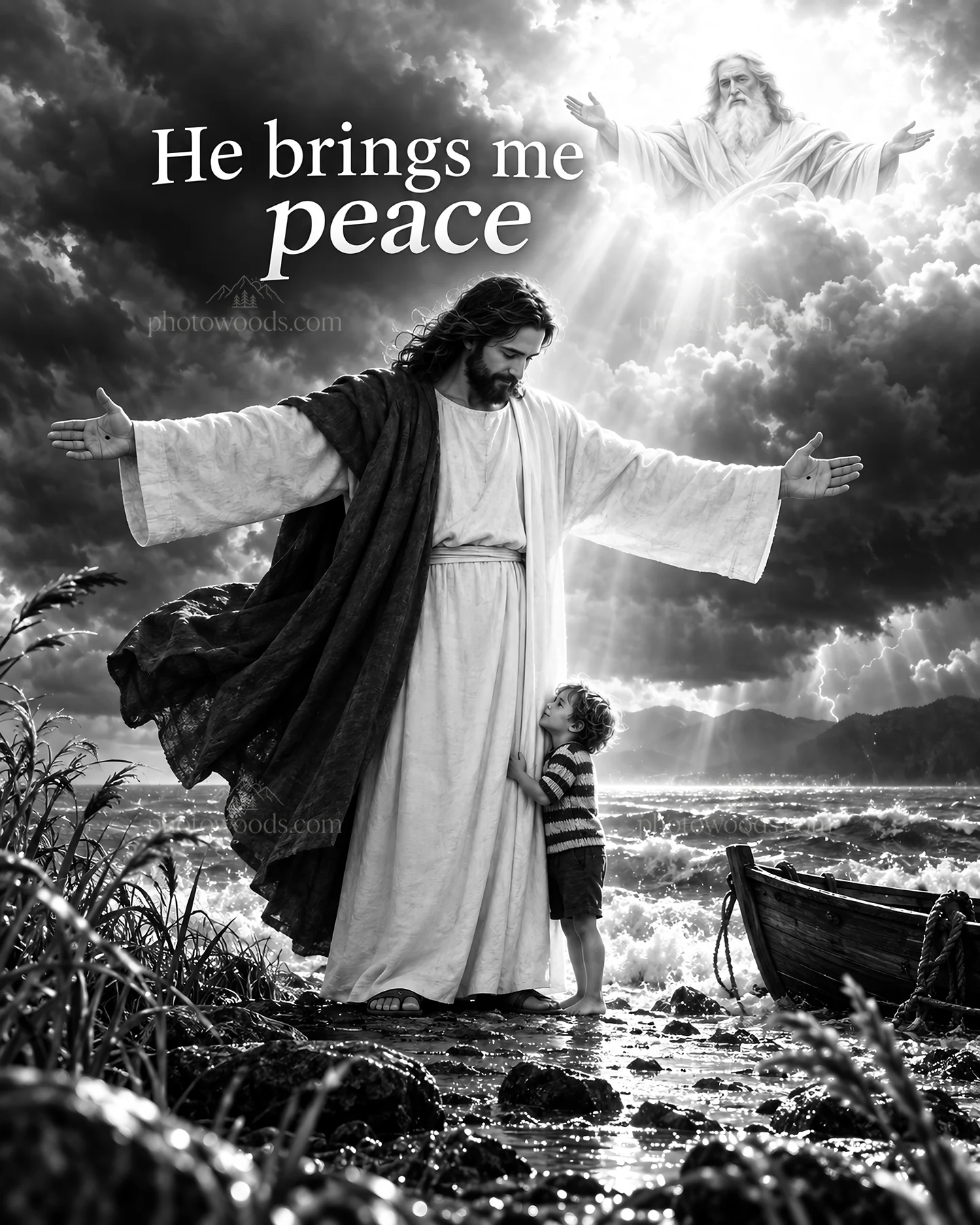 Jesus Christ bringing peace to a child by the water - AI-generated stock image