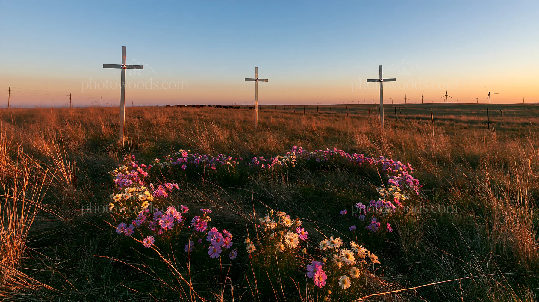 Three Christian crosses in Christmas meadow at sunrise - AI-generated stock image