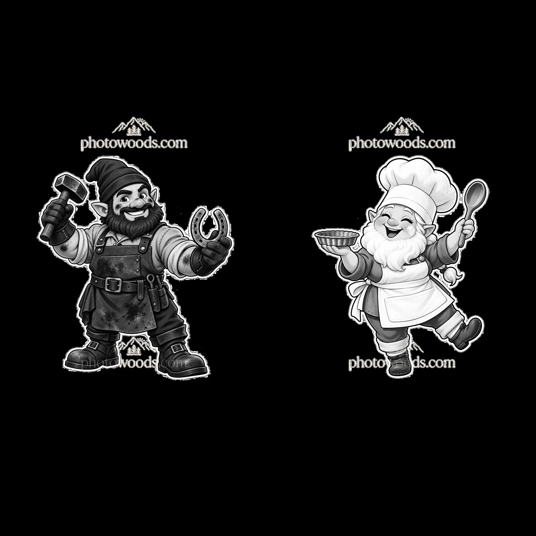 Gnome blacksmith and chef holding tools in a playful pose - AI-generated stock image