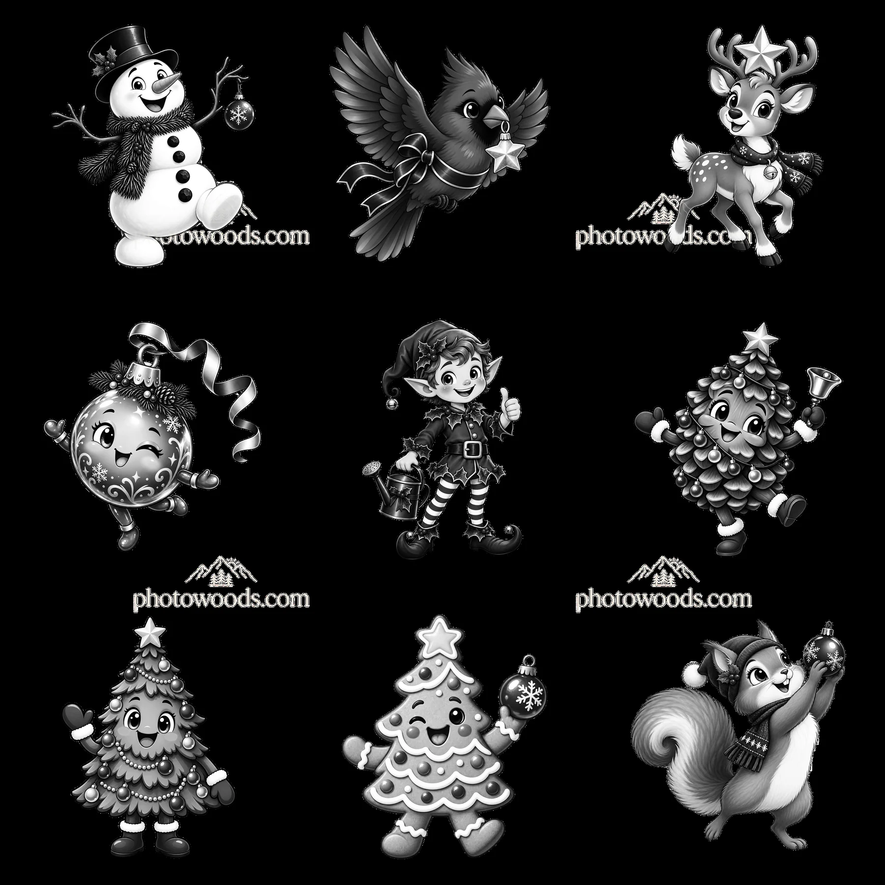 Christmas characters in a 3x3 layout for holiday themes - AI-generated stock image