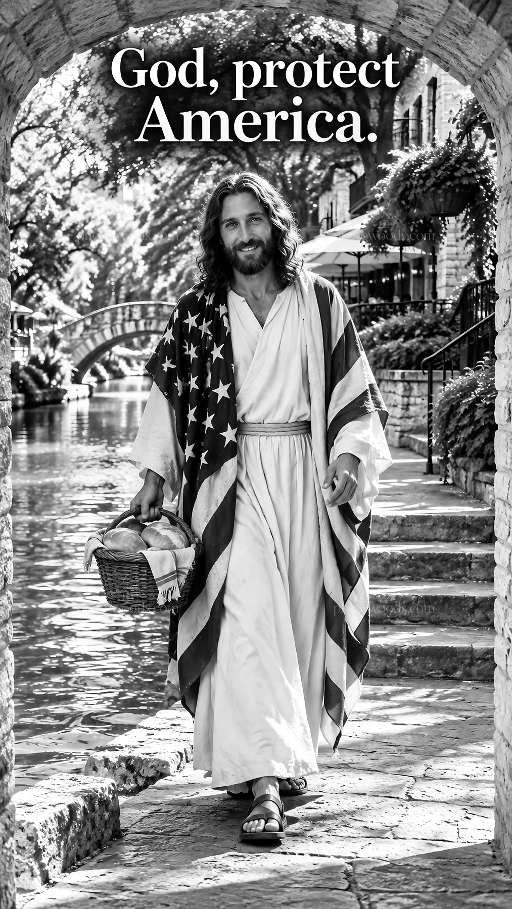 Jesus Christ walking with an American flag to bless the land - AI-generated stock image