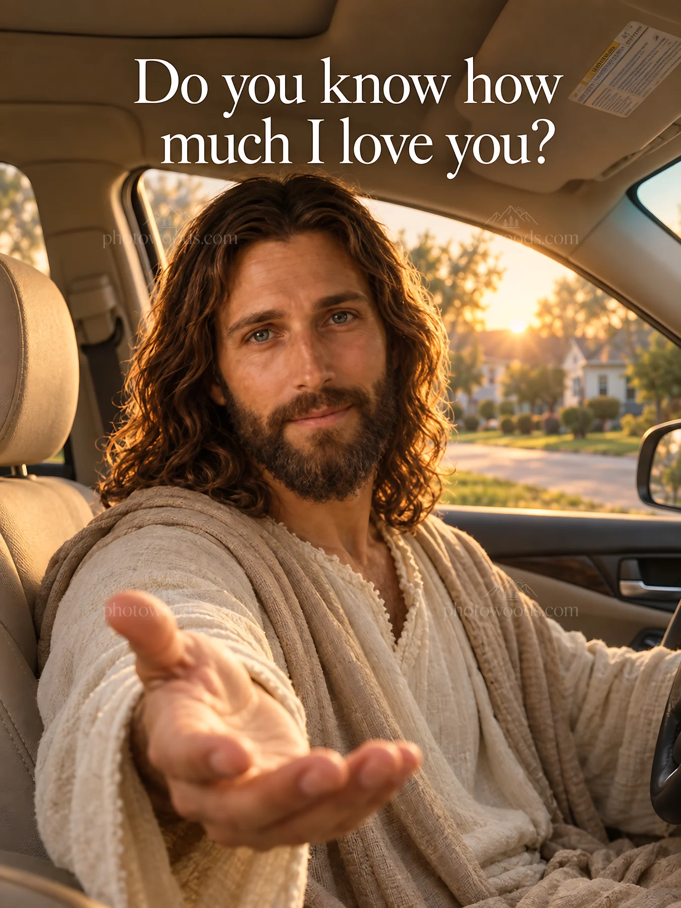 Jesus Christ reaching out from a car to express love - AI-generated stock image