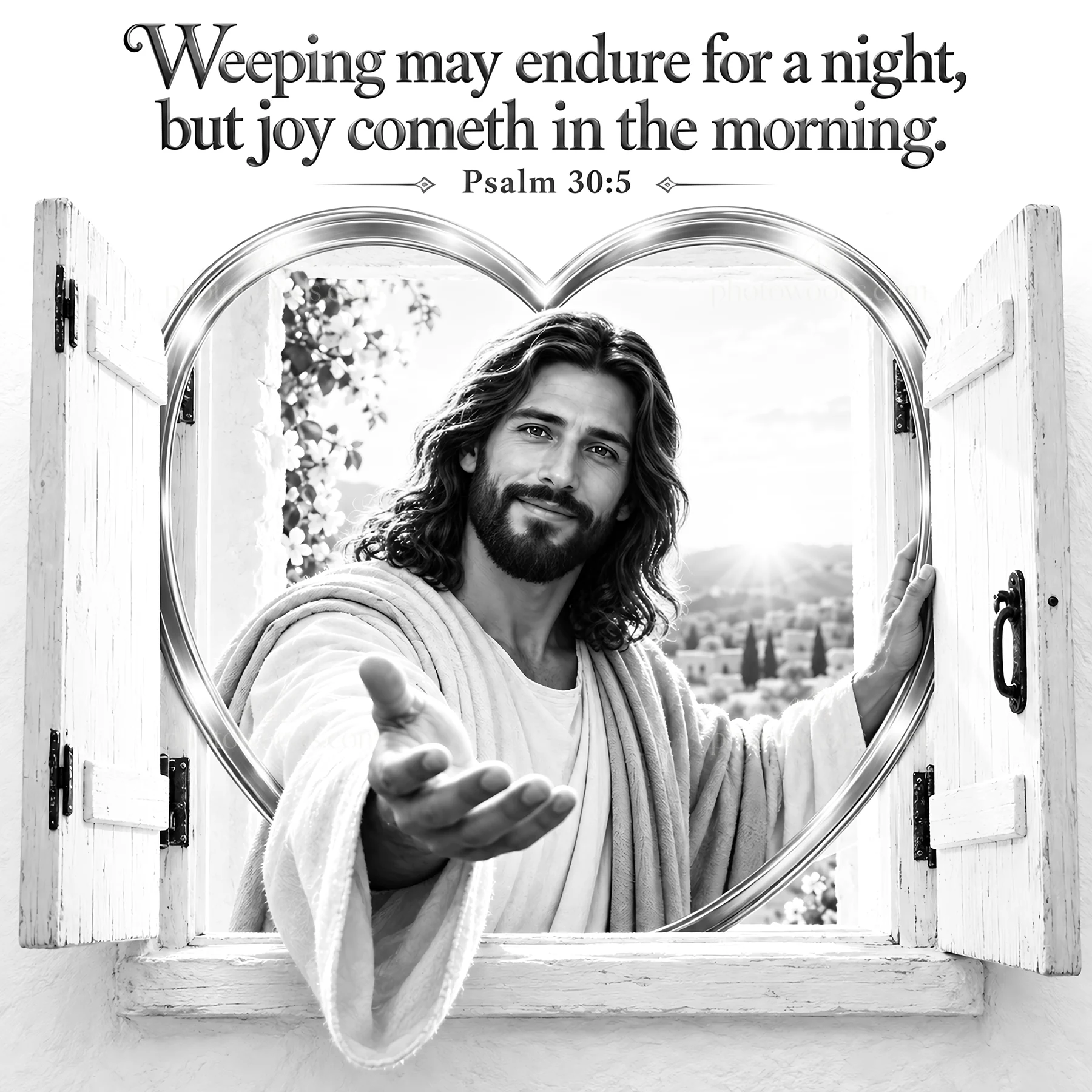 Jesus Christ offers comfort through open window - AI-generated stock image