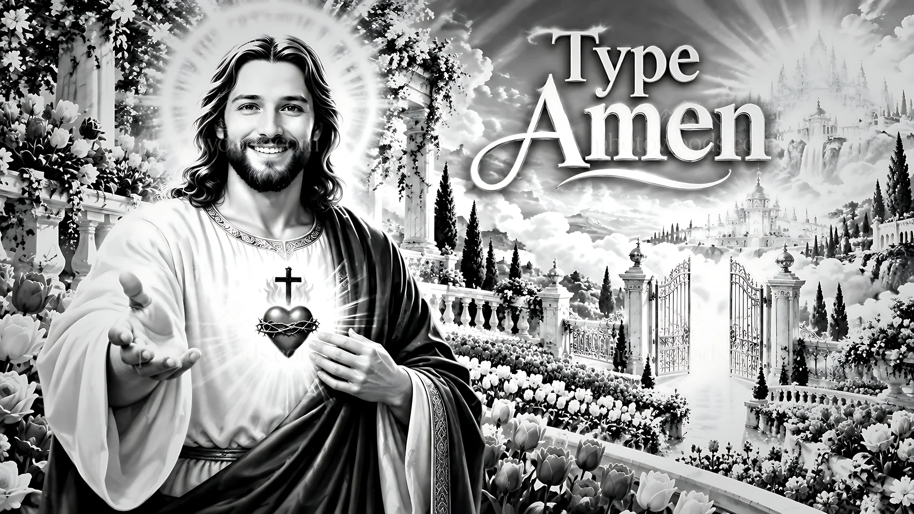 Jesus Christ offering hope with light and roses - AI-generated stock image
