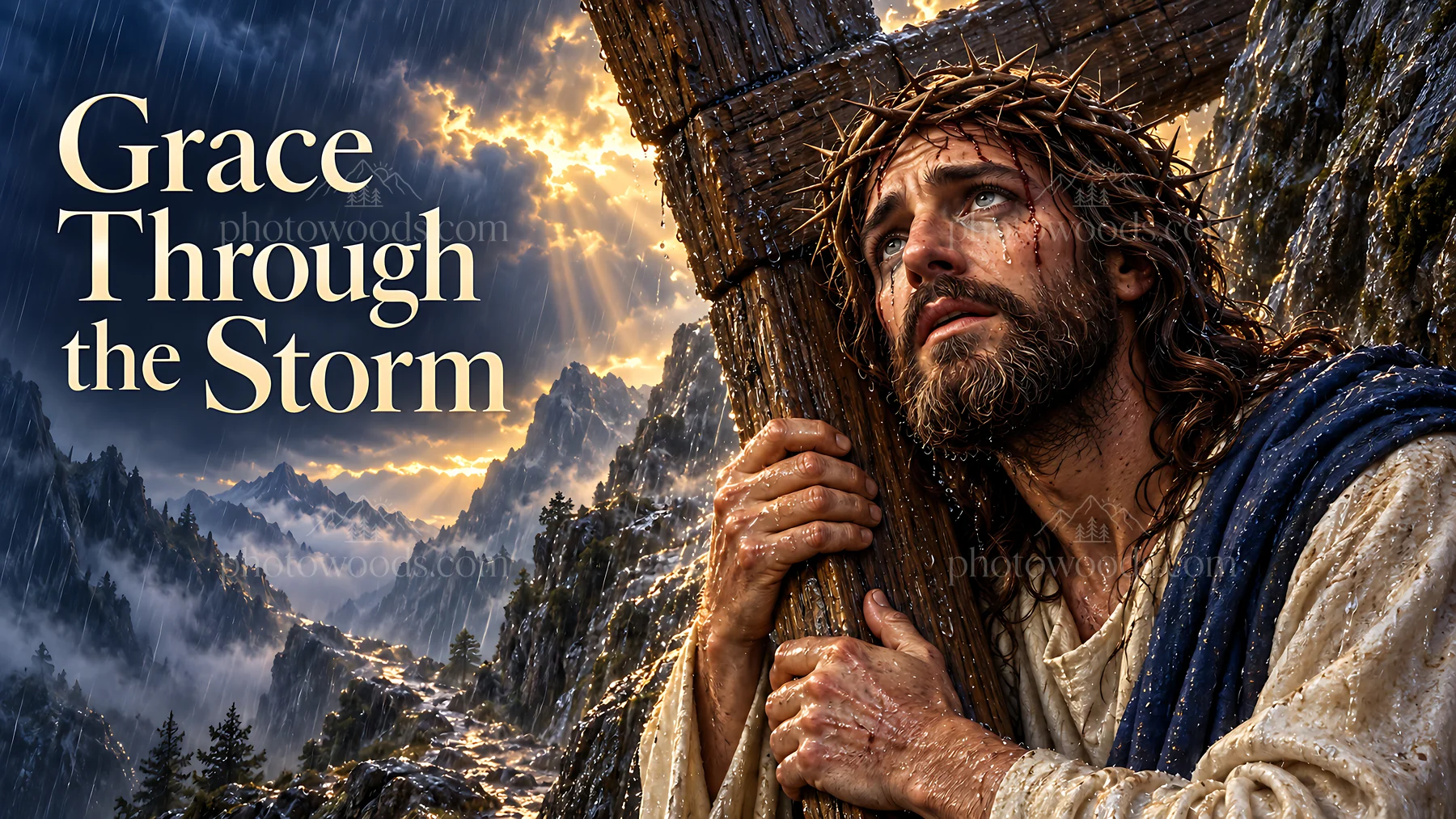 Grace through the storm with a figure holding a cross - AI-generated stock image