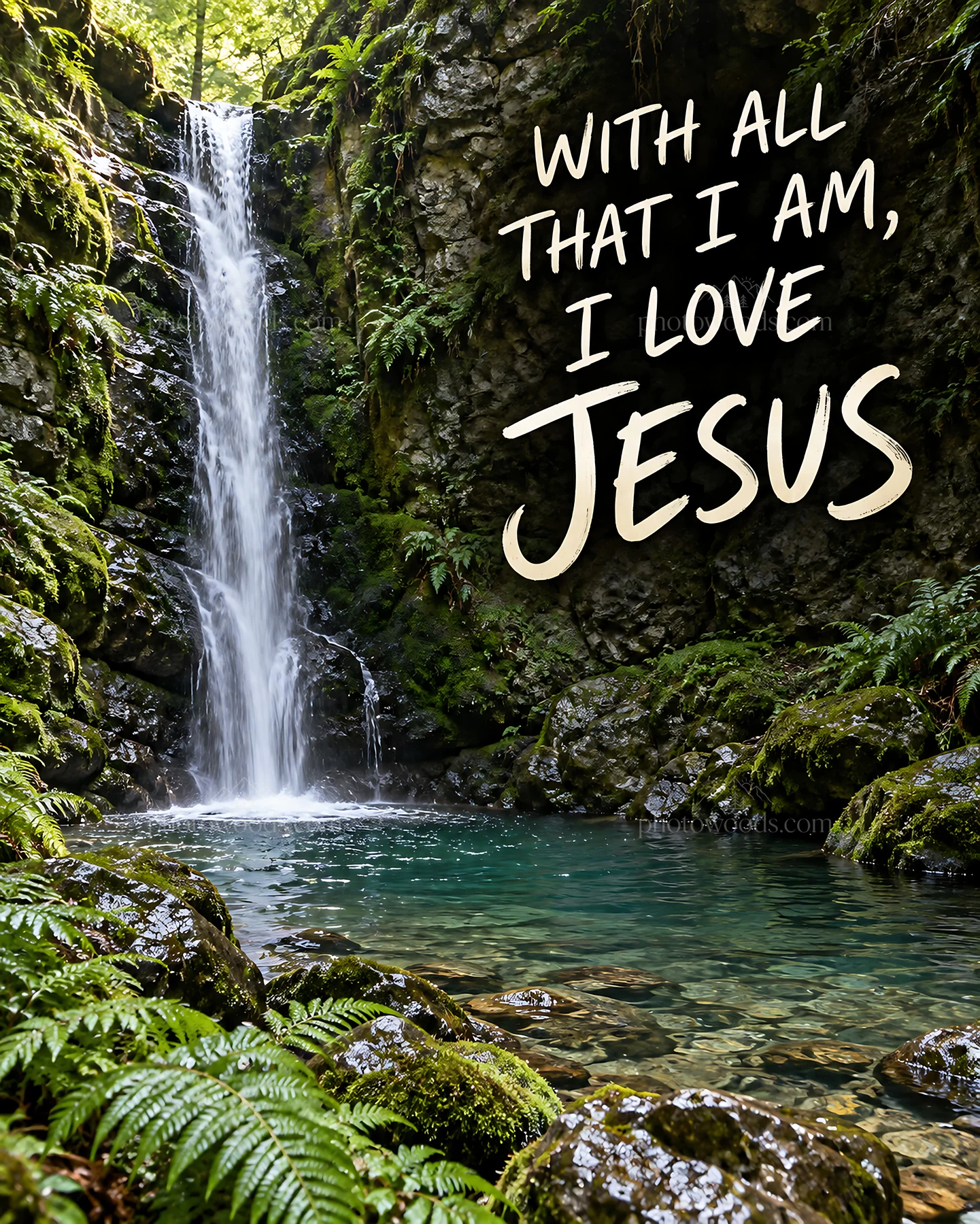 Jesus Christ in a serene waterfall setting with loving words - AI-generated stock image