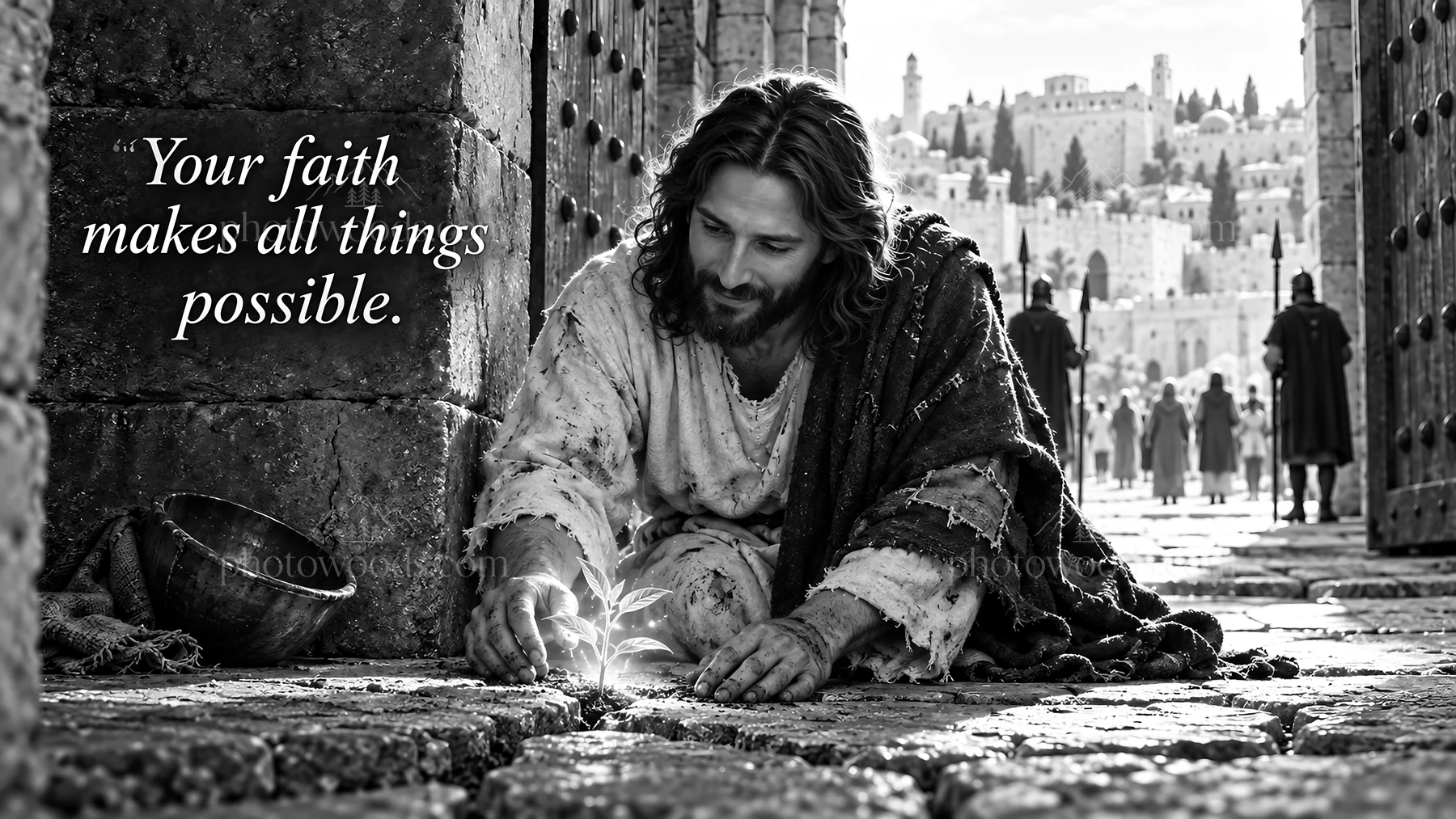 Jesus Christ nurturing a plant in a city setting - AI-generated stock image