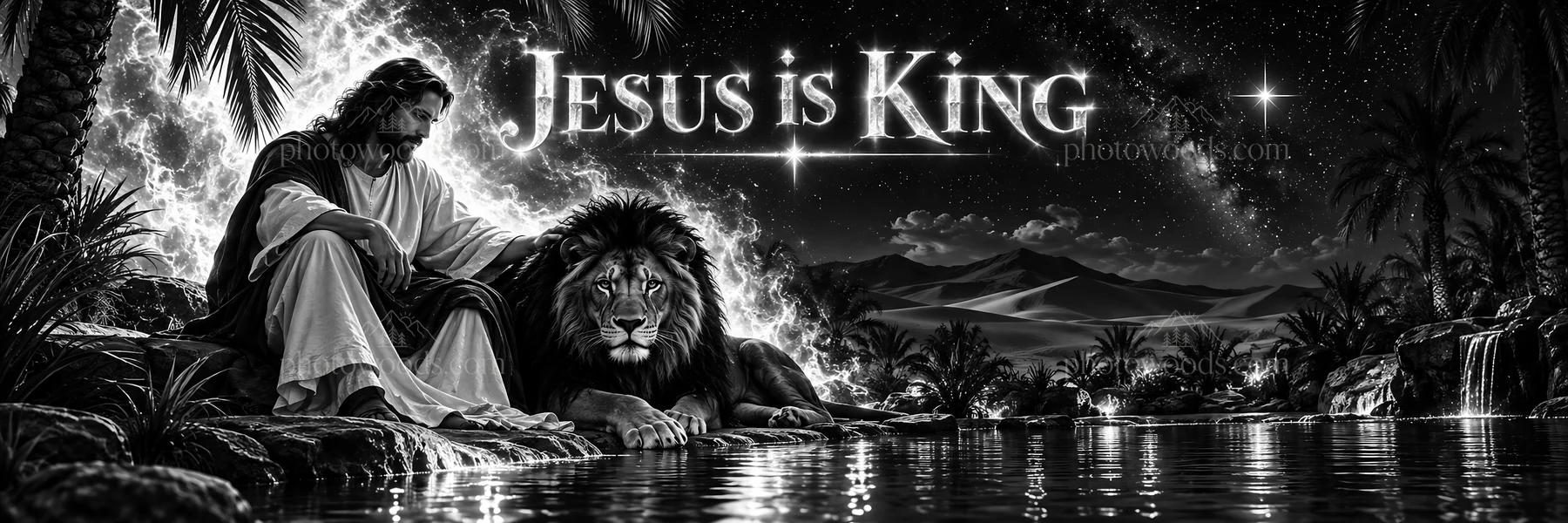 Jesus Christ beside a lion in a desert oasis - AI-generated stock image