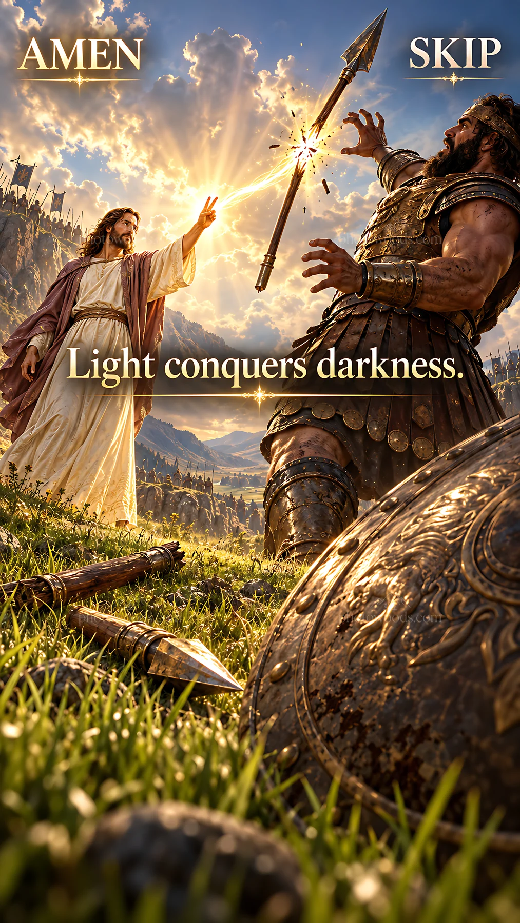 Jesus Christ overcoming darkness with light - AI-generated stock image