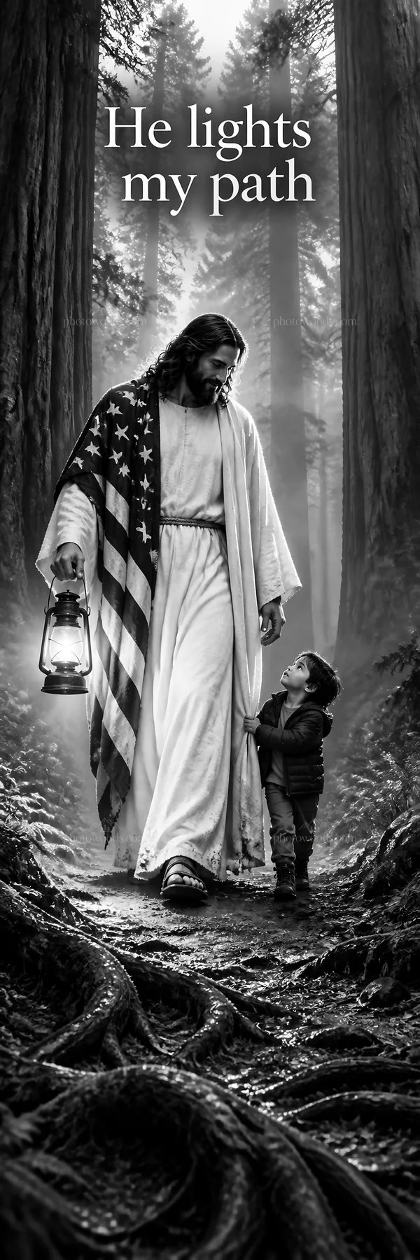 Jesus Christ walking in the forest with a child and a lantern - AI-generated stock image