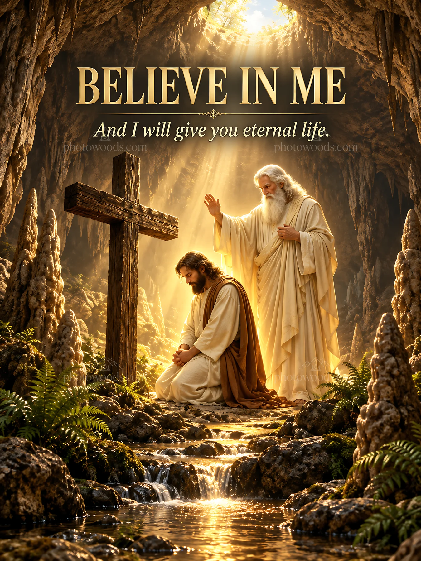 Jesus Christ inviting a kneeling figure in a serene cave - AI-generated stock image