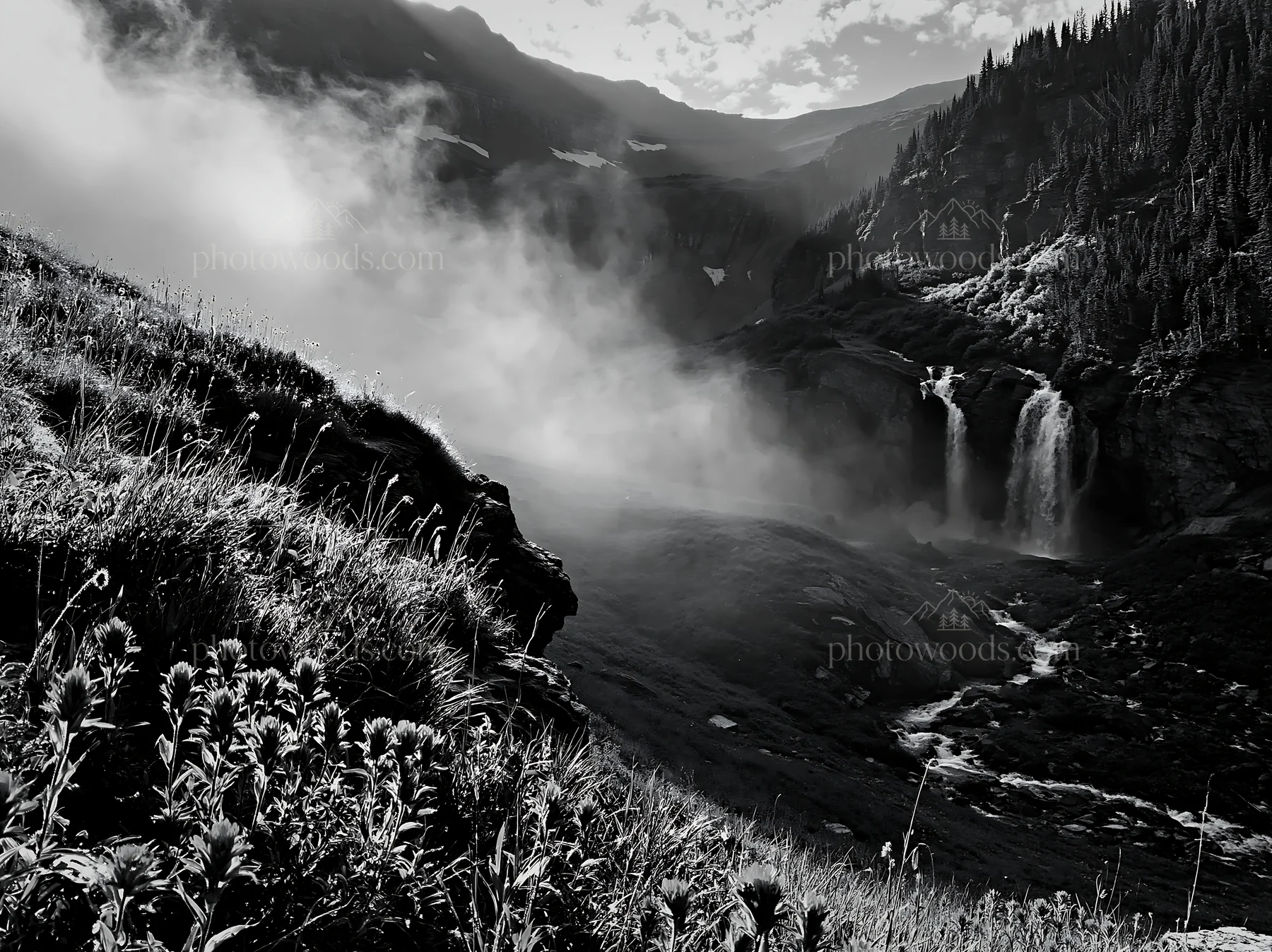 Misty mountain waterfall in meadow landscape - AI-generated stock image