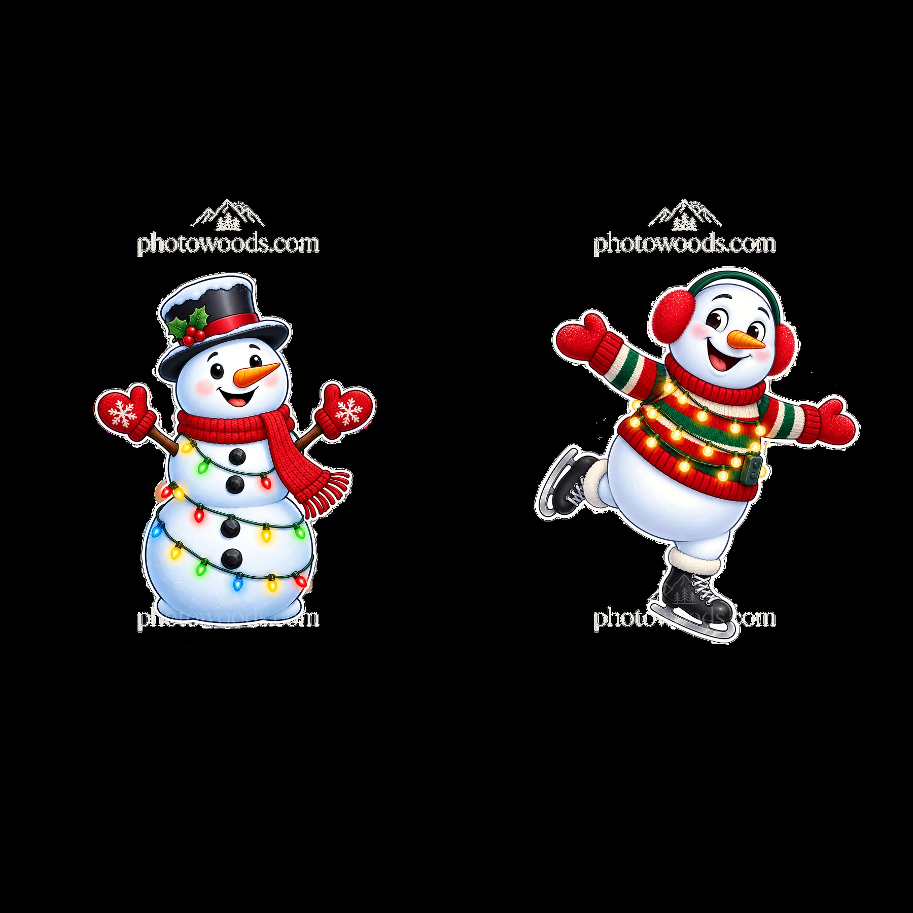 Snowman with string lights and a skating snowman in a pair - AI-generated stock image