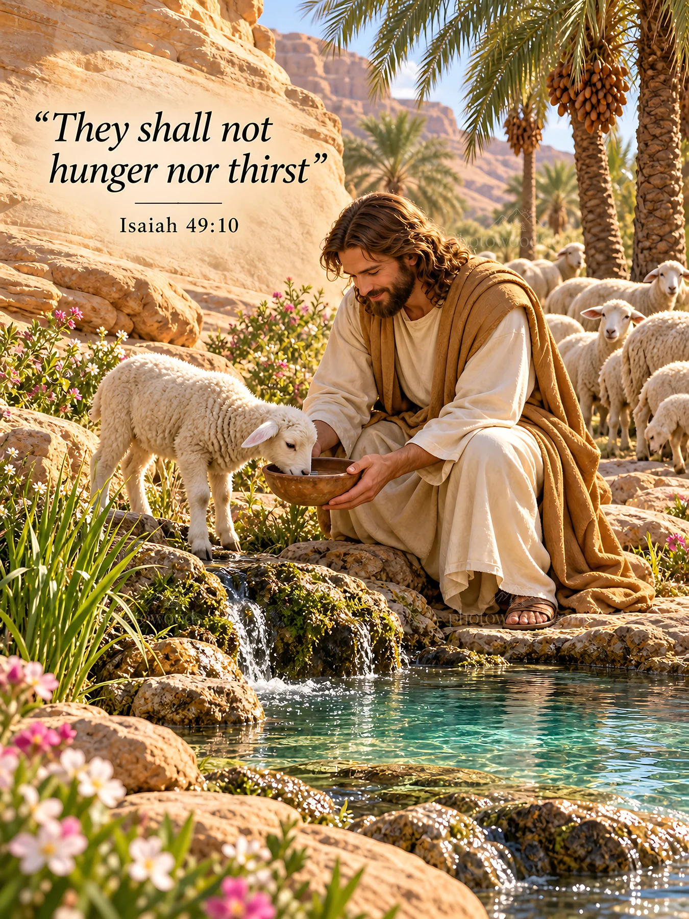 Jesus Christ feeding a lamb by a stream in a desert setting - AI-generated stock image