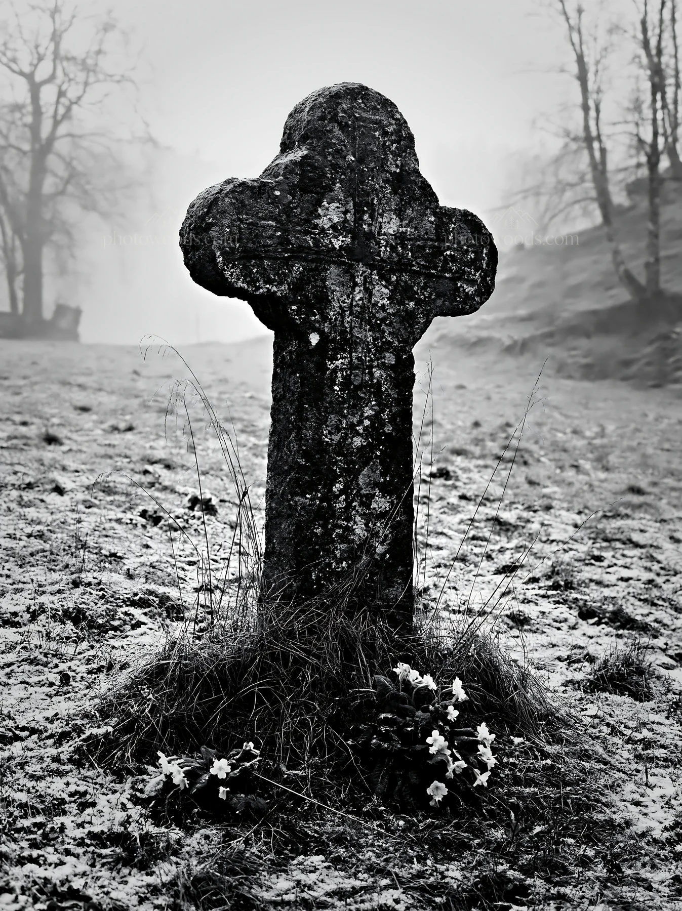 Stone Christian cross in snowy meadow - AI-generated stock image