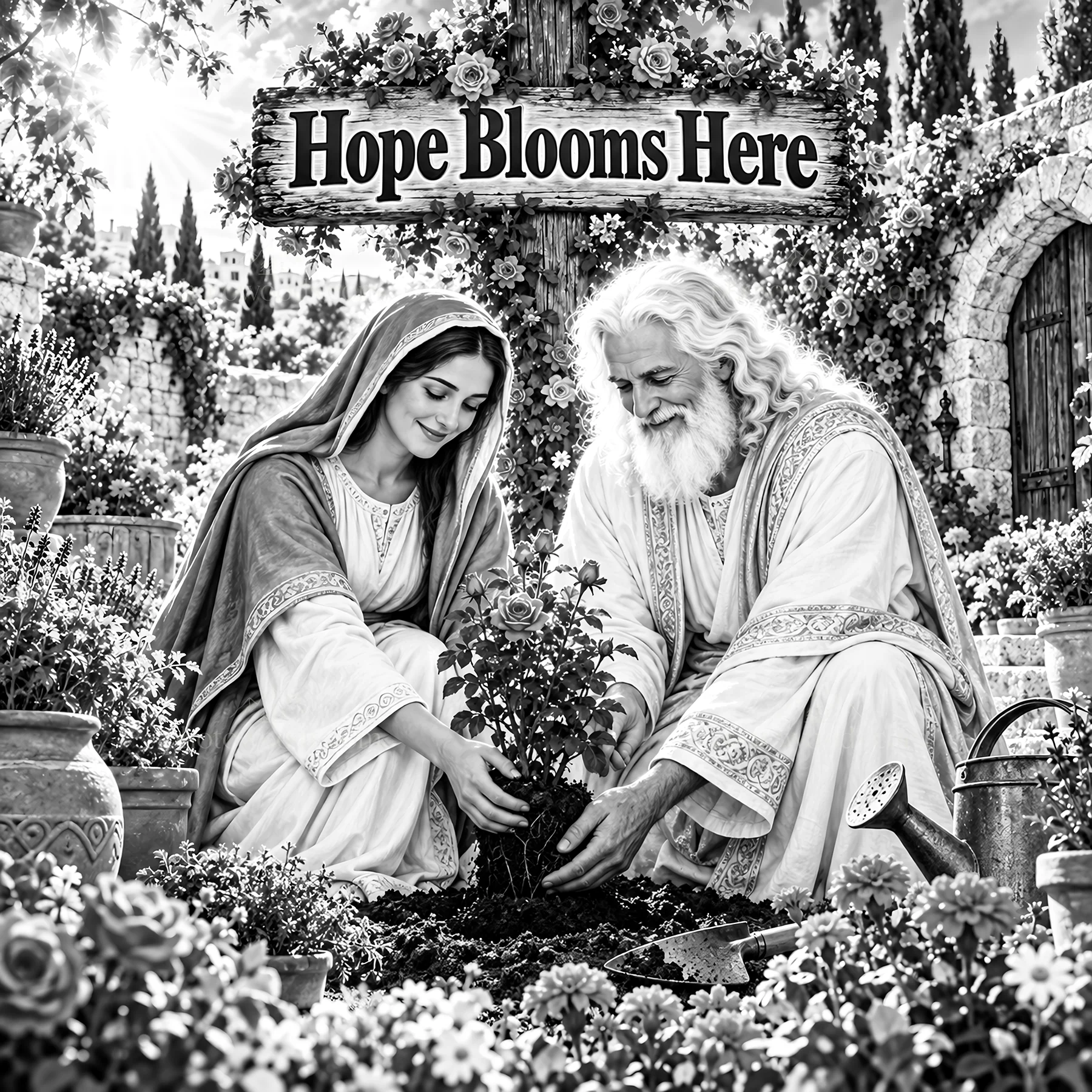 Jesus Christ planting a garden with a woman - AI-generated stock image