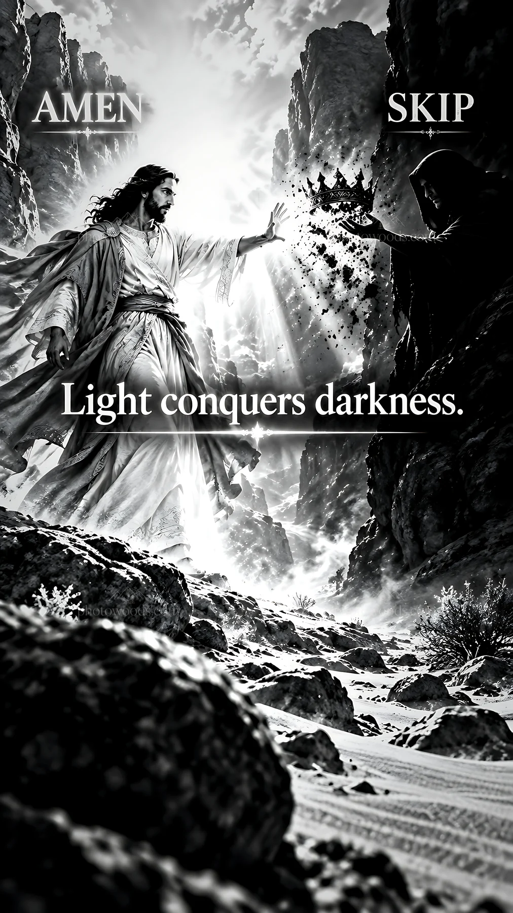 Jesus Christ overcomes darkness with light - AI-generated stock image