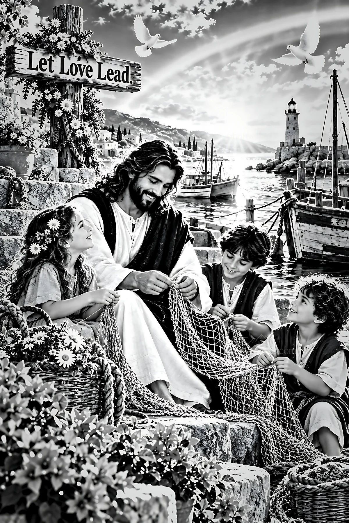 Kindness at the harbor with people sharing moments - AI-generated stock image