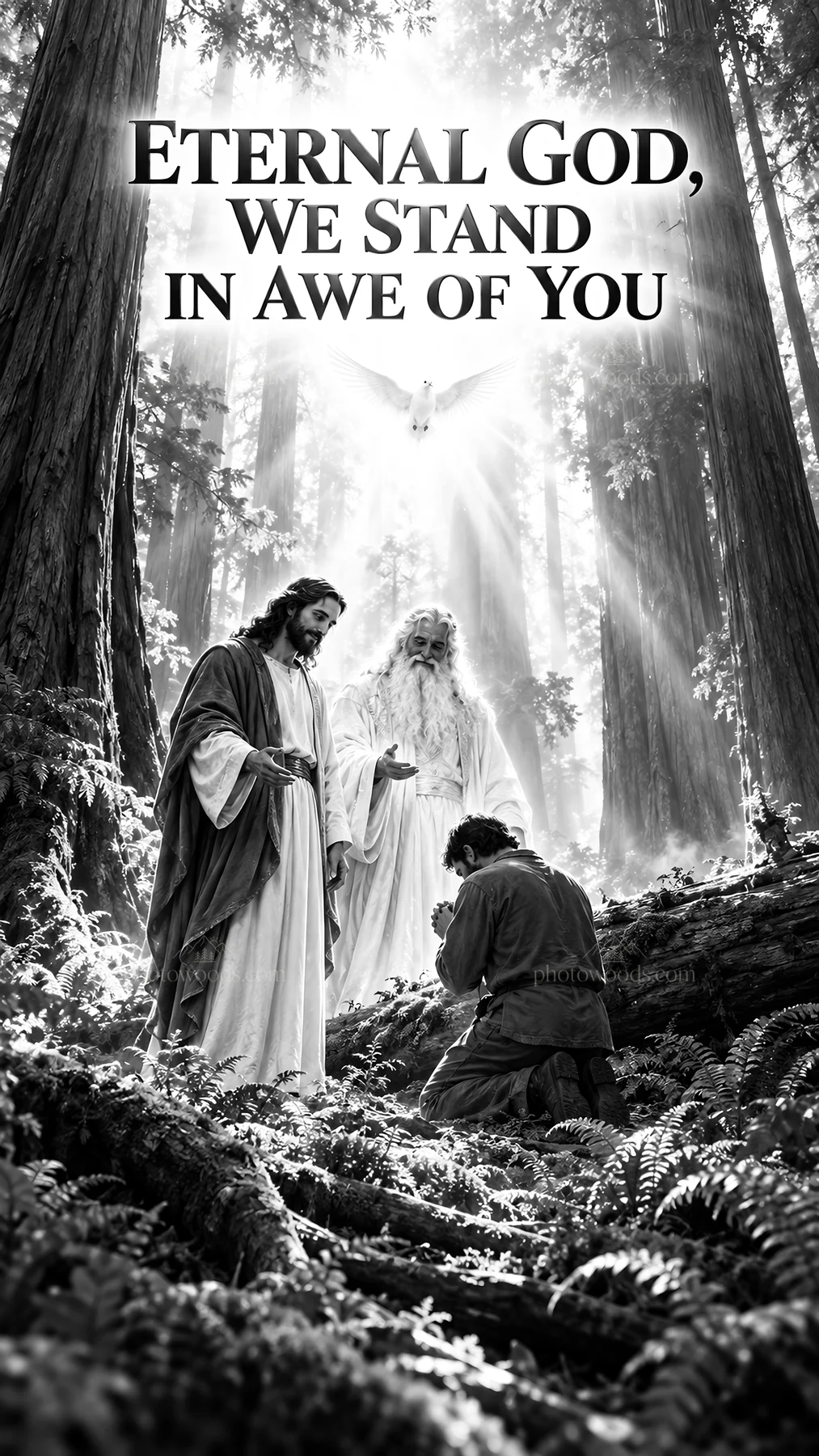 Jesus Christ in the forest with a worshiping figure - AI-generated stock image