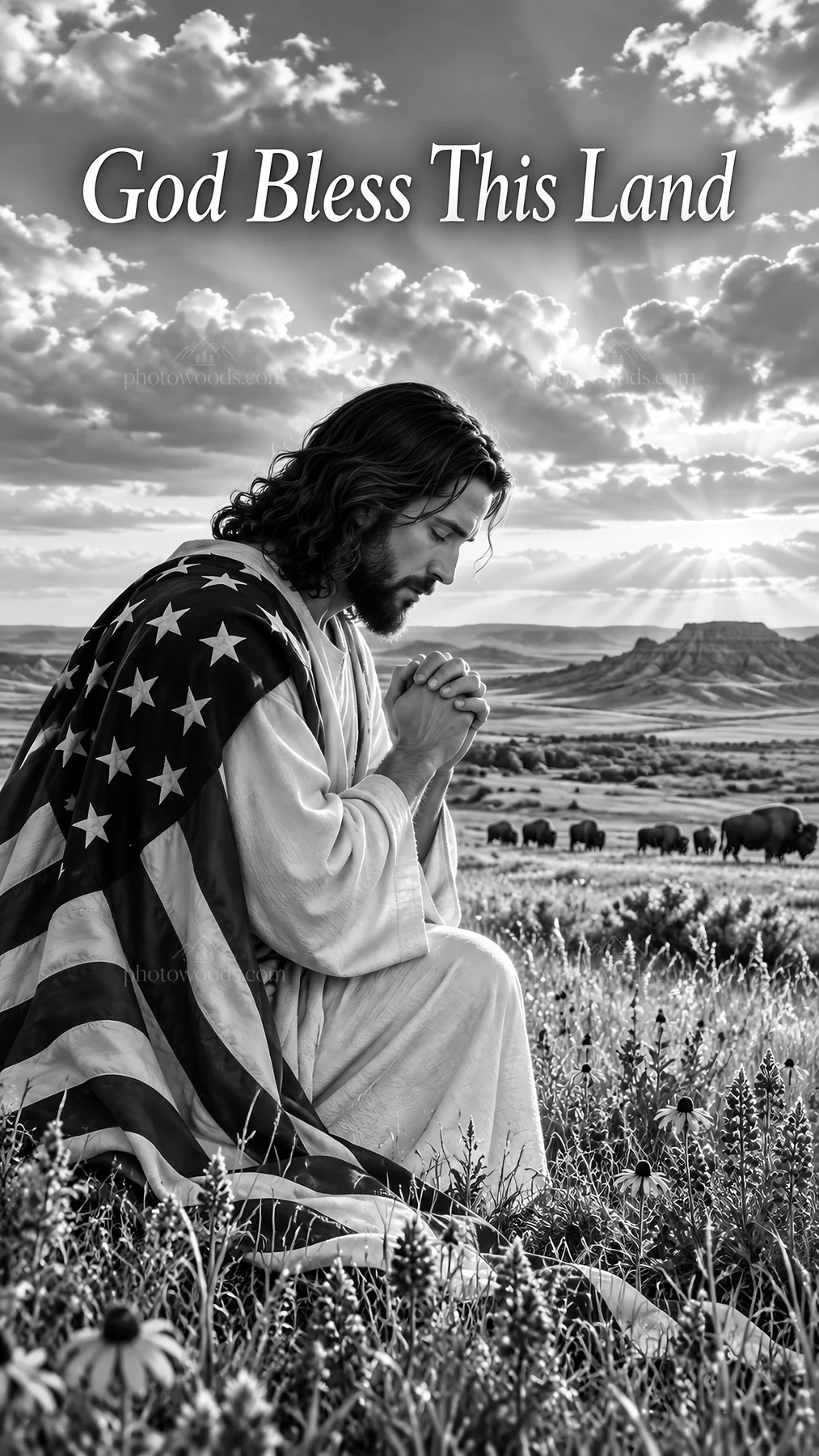 Jesus Christ praying in a field with an American flag - AI-generated stock image