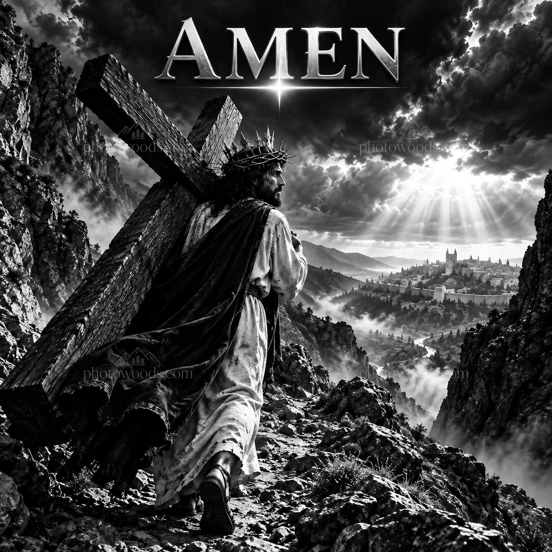 Jesus Christ carrying the cross through the mountains - AI-generated stock image
