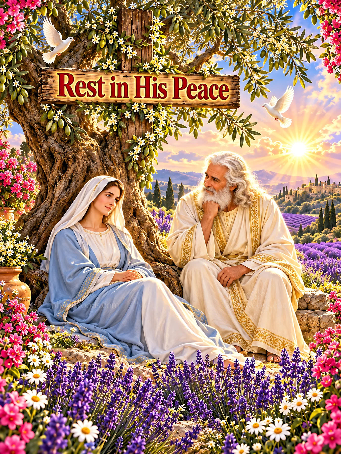 Jesus Christ comforting a woman in a peaceful garden scene - AI-generated stock image