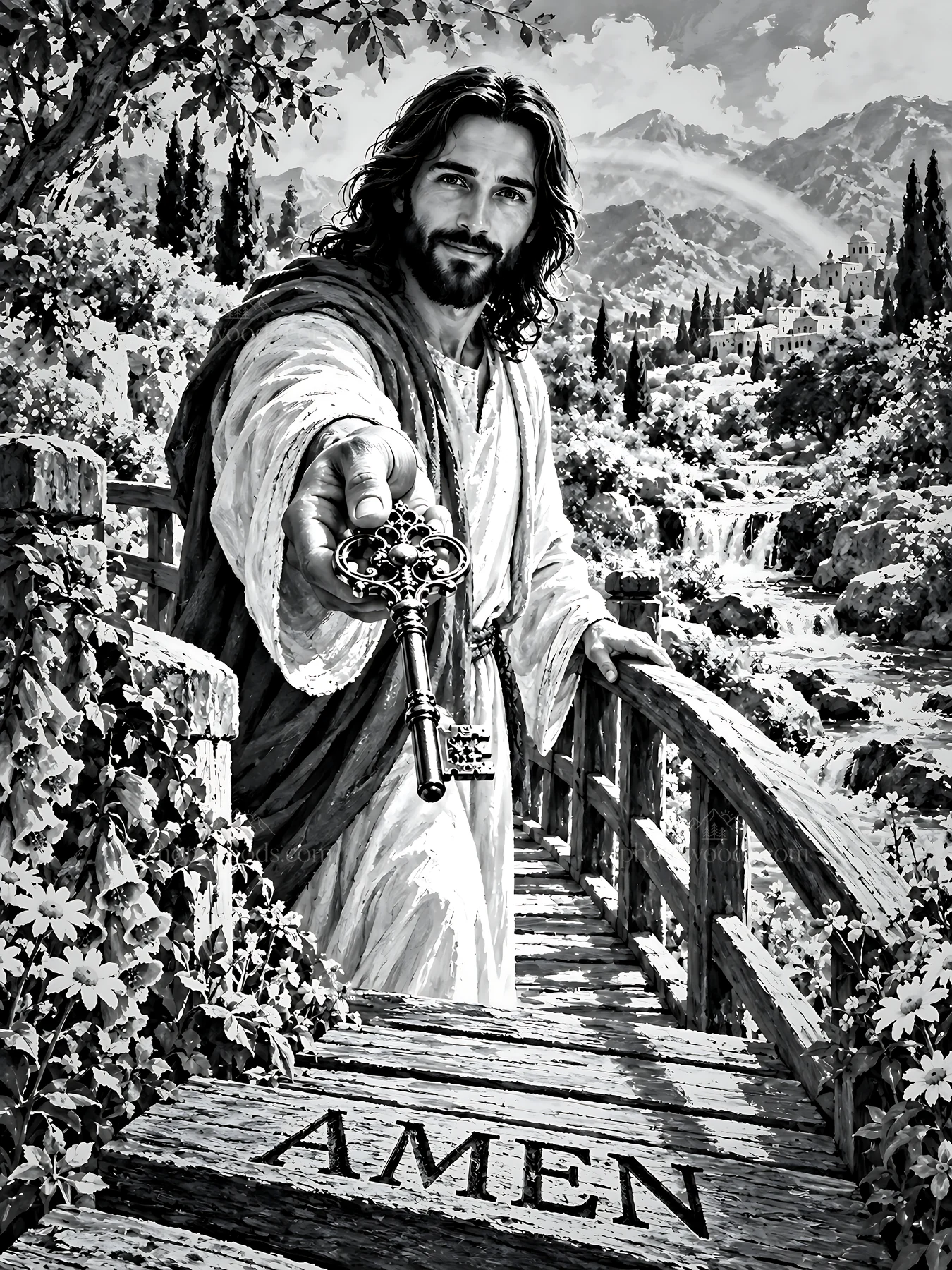 Jesus offering a key while standing on the Rainbow Footbridge - AI-generated stock image