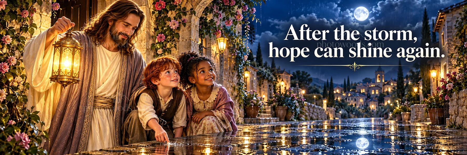 Jesus Christ sharing hope with children after a storm - AI-generated stock image
